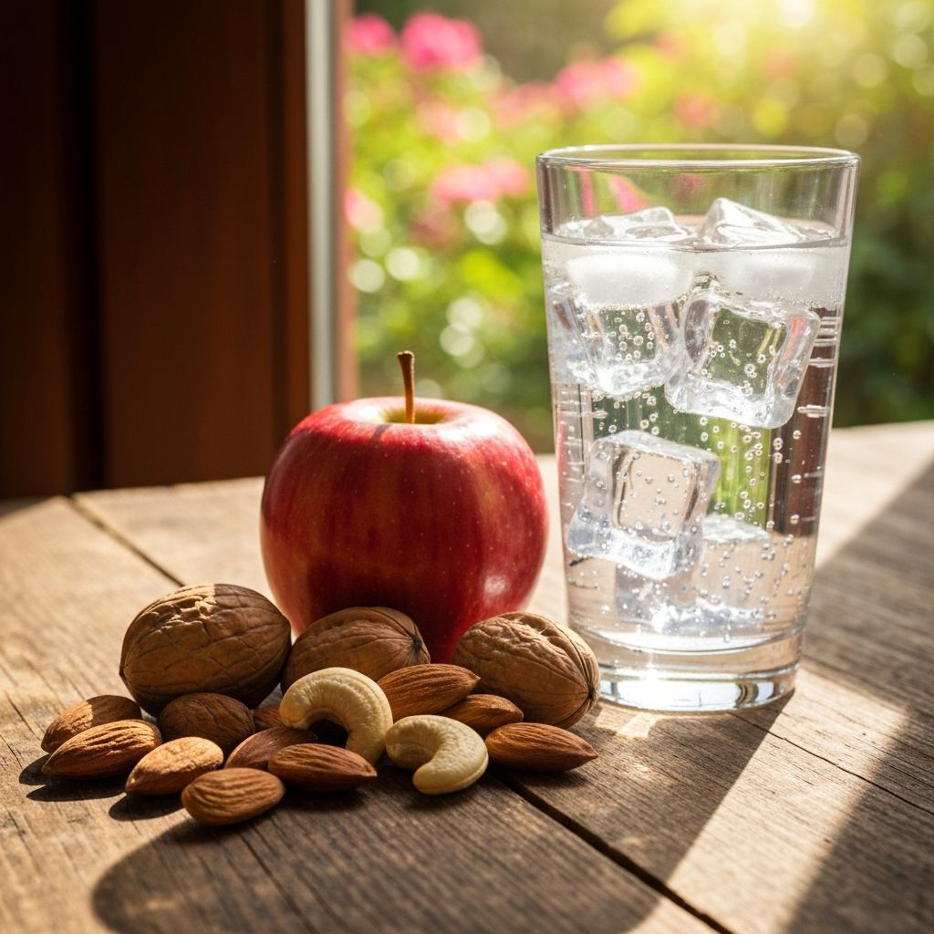 Puna šaka oraha i jabuka sa čašom vode kraj prozora