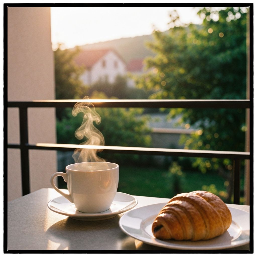 Kava i međuobrok na balkonu u jutarnjoj suncu