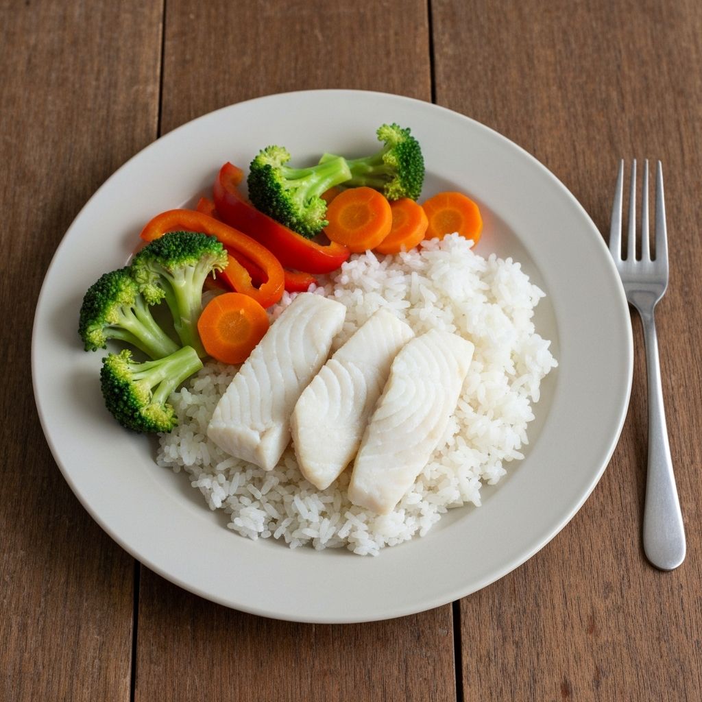 Uravnotežen ručak sa ribom, povrćem i rižom na tanjuru