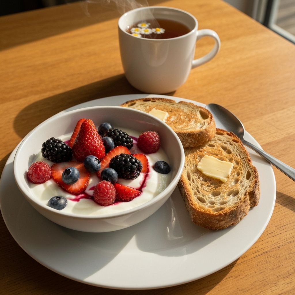Jutarnji doručak sa jogurtom, voćem i čajem
